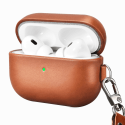 Leder Hülle für AirPods Pro 2 2022, ICARERFAMILY Premium Echtleder Stoßfeste Schutzhülle für AirPods Pro 2 Kopfhörer Ladetasche mit Loch (LED sichtbar) Unterstützung Wireless Ladegerät-Braun Braun Mit Riemen Angebot bei HelloDeals