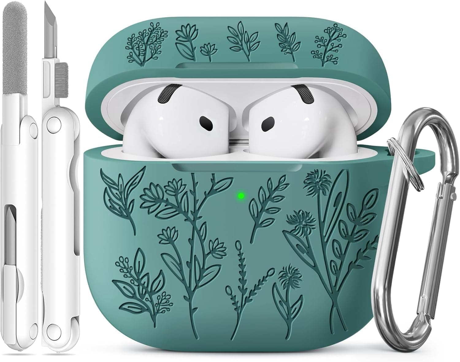 Kompatibel mit AirPods 4 Hülle, Niedliche Blumenschnitzereien für AirPods 4 Case, Frauen Geeignet Hülle für AirPods 4 ANC Version, Mit Reinigungsset und Schlüsselanhänger（Green） Green AirPods 4 Angebot bei HelloDeals