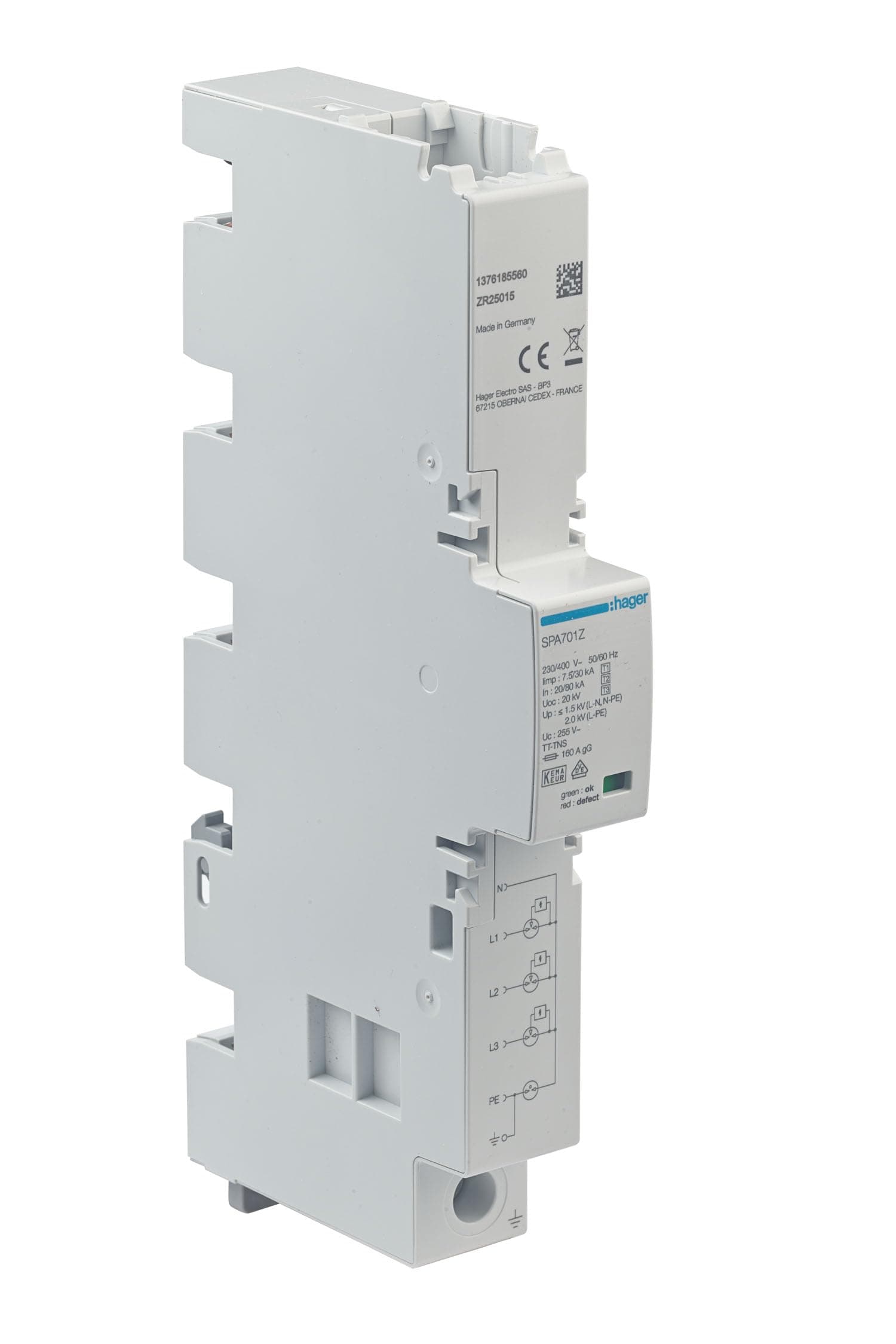 Überspannungsschutz Kombiableiter Hager Typ 1+2+3, 4-polig, max. 30kA Ableitvermögen, TT/TNS Netz für Montage auf Sammelschienensystem Zählerschrank Angebot bei HelloDeals