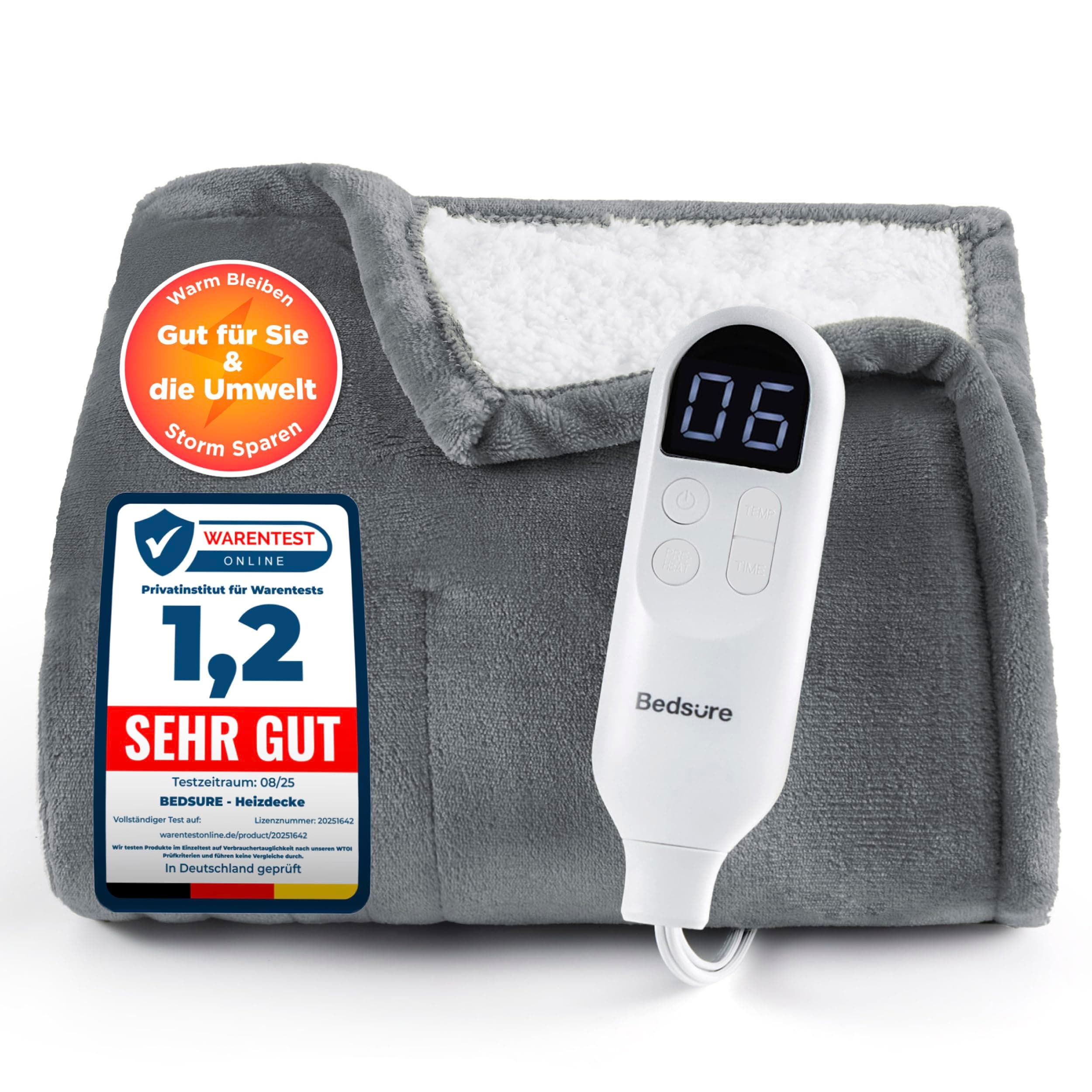 BEDSURE Heizdecke mit Abschaltautomatik Wärmedecke - Geschenke für Frauen Weihnachten, Elektrische Decke mit 6 Heizstufen & 10 Stunden Timer, bis zu 8 Stunden Überhitzungsschutz, 130x180cm, Grau 130 x 180 cm 01 - Grau Angebot bei HelloDeals