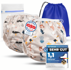 KIDVERSE 2er Set Schwimmwindel Baby 0-3 Jahre - Hautfreundliche Schwimmwindeln wiederverwendbar & saugstark - Baby Schwimmwindel mit Tasche & Wäschenetz (Beige Sea 2er) Angebot bei HelloDeals