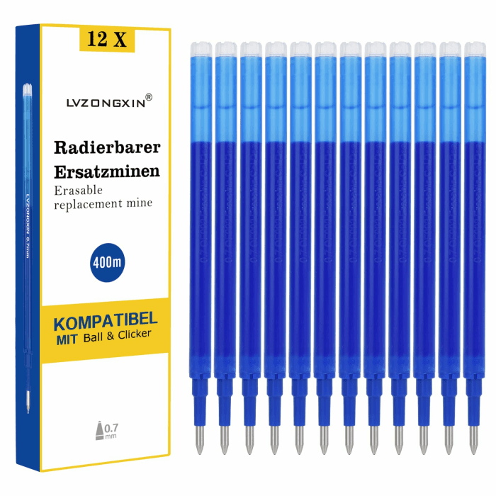 [12 Stück] - LVZONGXIN Radierbare Ersatzmine, Kompatibel mit Pilot FriXion Ball & Clicker & Eberhard Faber animal erase it, Spitze 0,7 mm,Nachfüllminen mit radierbarer Tinte (BLAU, 12) 12 BLAU Angebot bei HelloDeals