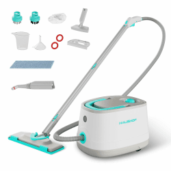 HAUSHOF Dampfreiniger 2000W, mit 1,5L Tank, max. 4,0 bar Dampfdruck, Aufheizzeit 8 Min, Dampfzeit bis zu 30 Min, inkl. 16 Zubehör & 3m Netzkabel, für Boden, Teppich, Fenster & Küche, Weiß-Grün Angebot bei HelloDeals