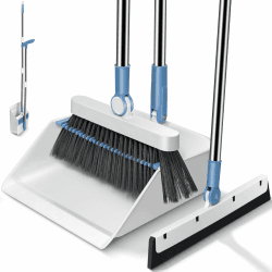 MASTERTOP Besen und Kehrschaufel Set mit Wasserabzieher, 3er Kehrbesen Besen Set mit Stiel, Aufrechte Kehrmaschine Schaufel und Besen Set für Haus, Büro, Lobby, Terrasse (Blau+Weiß) Angebot bei HelloDeals
