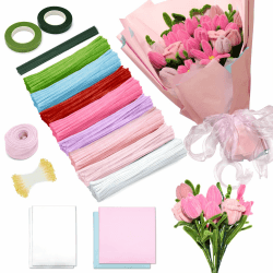 IJIAMY 500 Stück Pfeifenreiniger Blumen Set, Pfeifenputzer Blumen Zum Basteln, Mit Grüne Blumenstöcke, Klebebandrollen, Klebestifte, Anleitungen, Blumenstraußverpackungen, Bänder Rosa Angebot bei HelloDeals