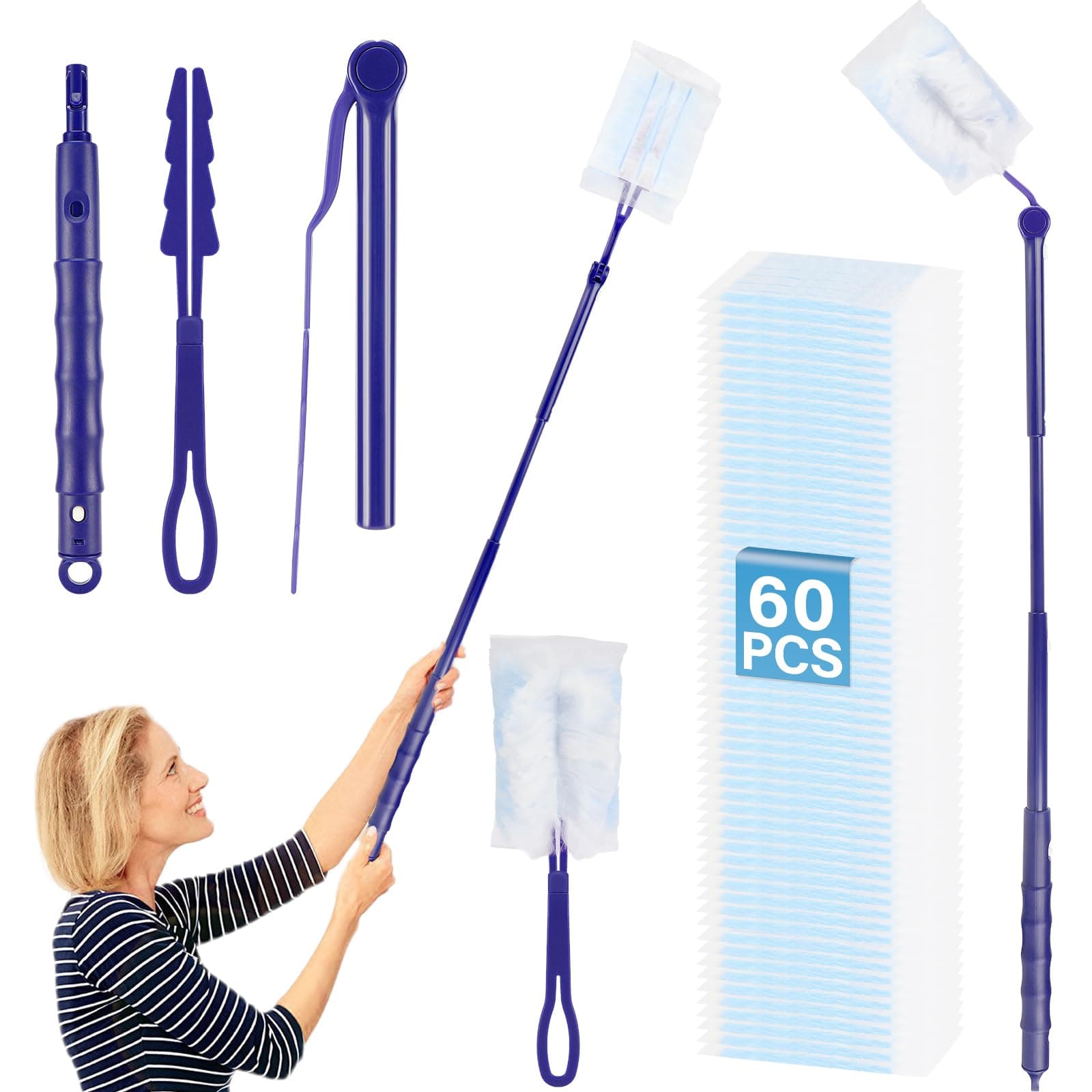 Kasanni 60 Stück Staubmagnet Duster, Staubmagnet Nachfüllpack Set, Staubwischer mit 2 Handgriff, 360° für Staubwedel Teleskop Starterset, zur Reinigen von Tierhaare Staub Schmutz Angebot bei HelloDeals