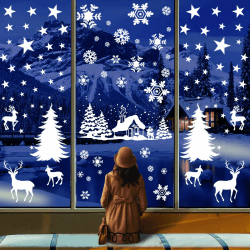 Fensterbild Weihnachten Selbstklebend - Wiederverwendbare Dekoration für Türen und Fenster mit Häuschen, Reh und Winterlandschaft，Fensterbilder Weihnachten Selbstklebend Large Angebot bei HelloDeals