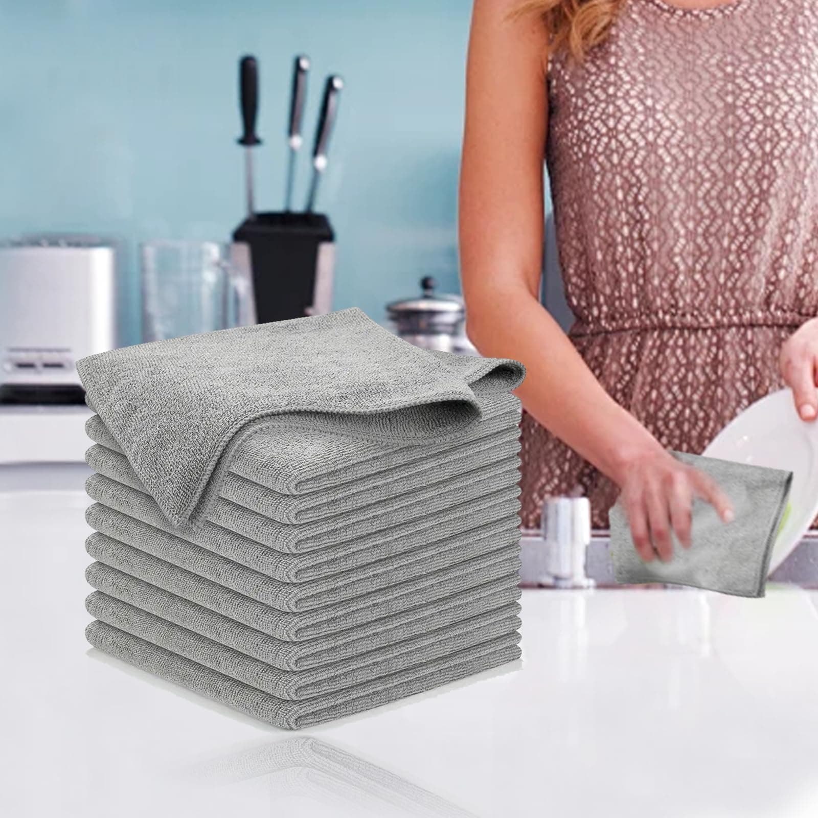 Mikrofaser-Reinigungstücher-Set, ultra-saugfähig, schnell trocknend, wiederverwendbar, für Auto, Küche, Geschirr, Elektronik, Grau, 10 Stück Grau, 10 Stück Medium Angebot bei HelloDeals