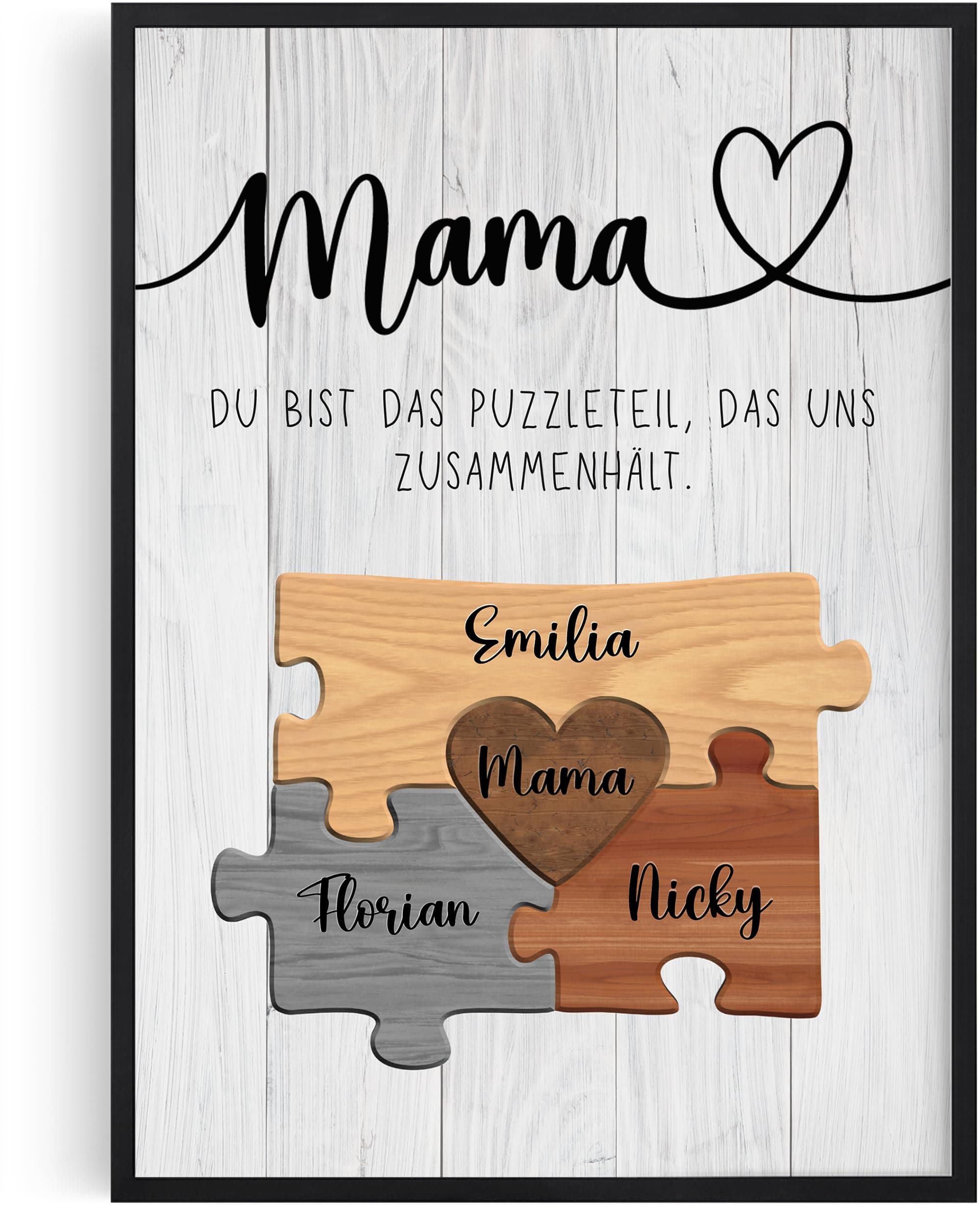 Mama Poster personalisiert - Du bist das Puzzleteil, das uns zusammenhält – Muttertagsgeschenk mit Spruch – Geschenk für Mama – Wanddeko (A4, A3) mit oder ohne Rahmen - 3 Kinder Angebot bei HelloDeals