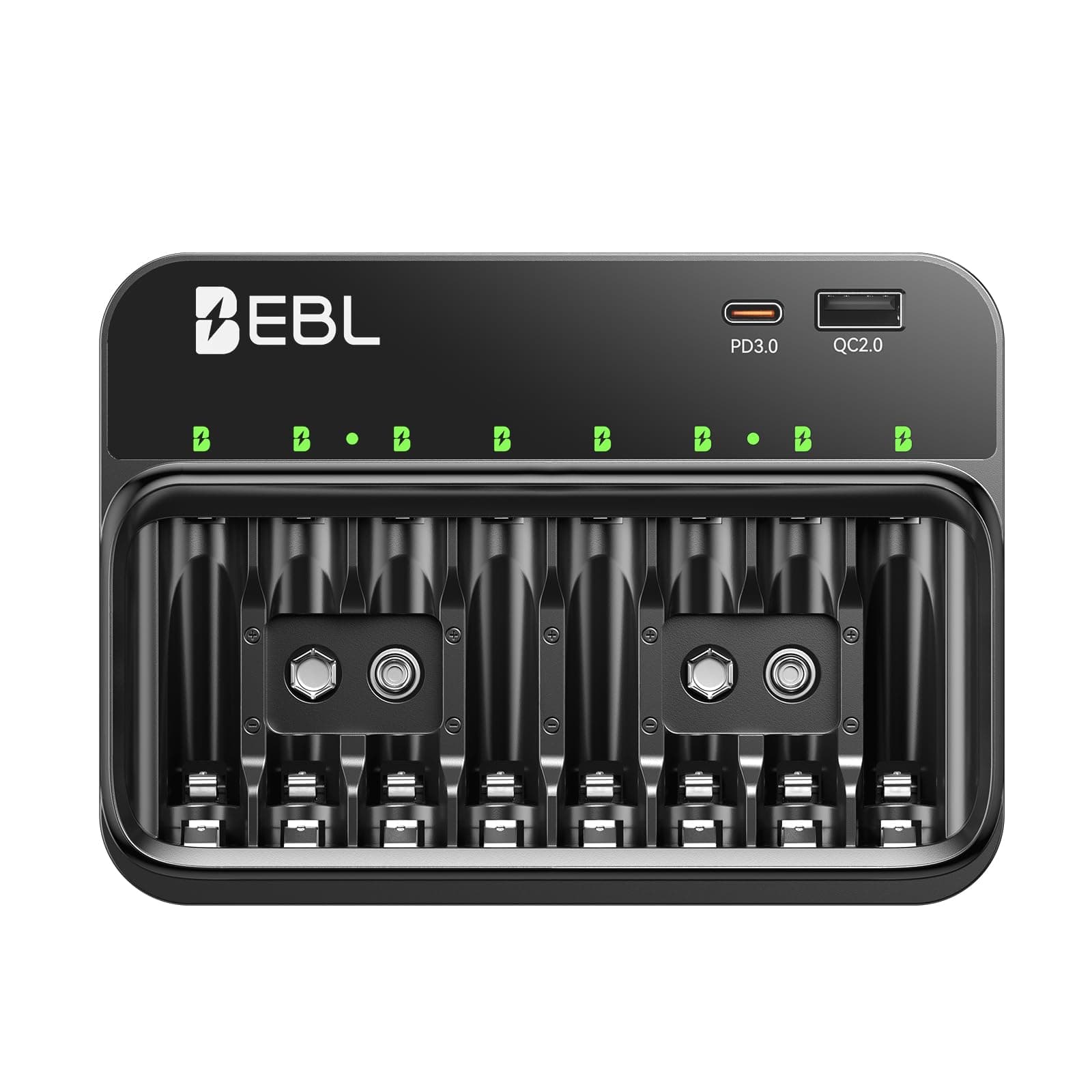 EBL Akku Ladegerät für AA AAA 9V Akkus, Kompatibel mit NI-MH & NI-CD Batterien, USB-C PD3.0 & Micro USB Eingang, Schnellladegerät Angebot bei HelloDeals