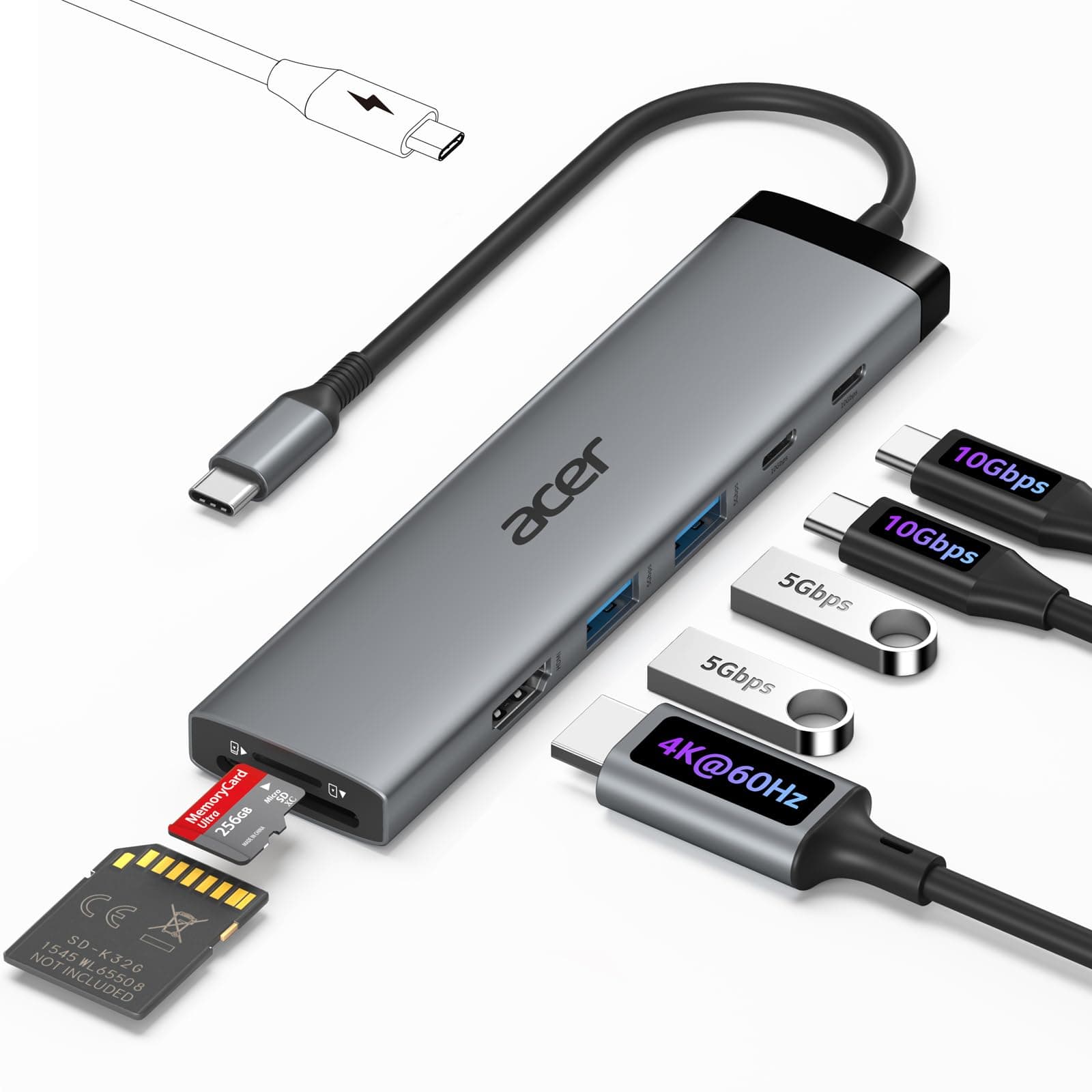 acer 8 in 1 USB C Hub, 10Gbps USB-C auf HDMI Adapter 4K@60Hz, Dockingstation mit 2×USB-C 3.2, 2×USB A 3.0 Datenübertragung,SD/TF-Kartenleser, PD 100W, Multiport Hub für Laptop, PC, Desktop, iPad Pro Angebot bei HelloDeals