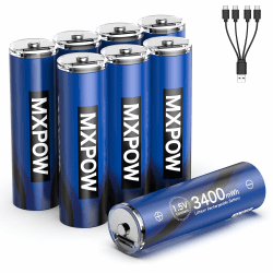 Wiederaufladbare Batterien AA Lithium USB-C 1,5V 3400mWh Lithium Akku AA, 8 Stück Schnellladung in USB Batterie mit 4 in 1 Ladekabel 1500 Zyklen Angebot bei HelloDeals