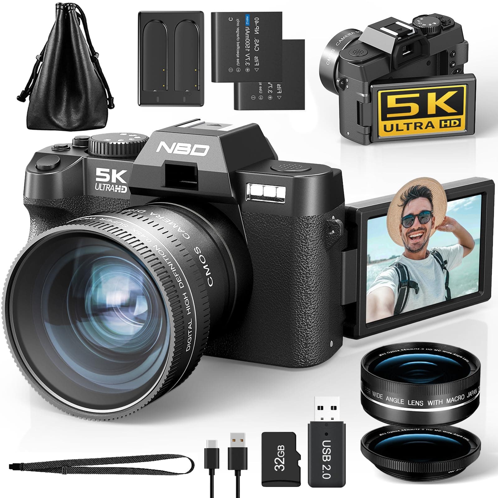 NBD 5K Digitalkamera 64MP mit Autofokus & 16X Zoom, 3" 180° klappbarem Display, WiFi – Inkl. Weitwinkel/Makro-Linse + 2 Akkus + 64GB Karte (Schwarz) Angebot bei HelloDeals