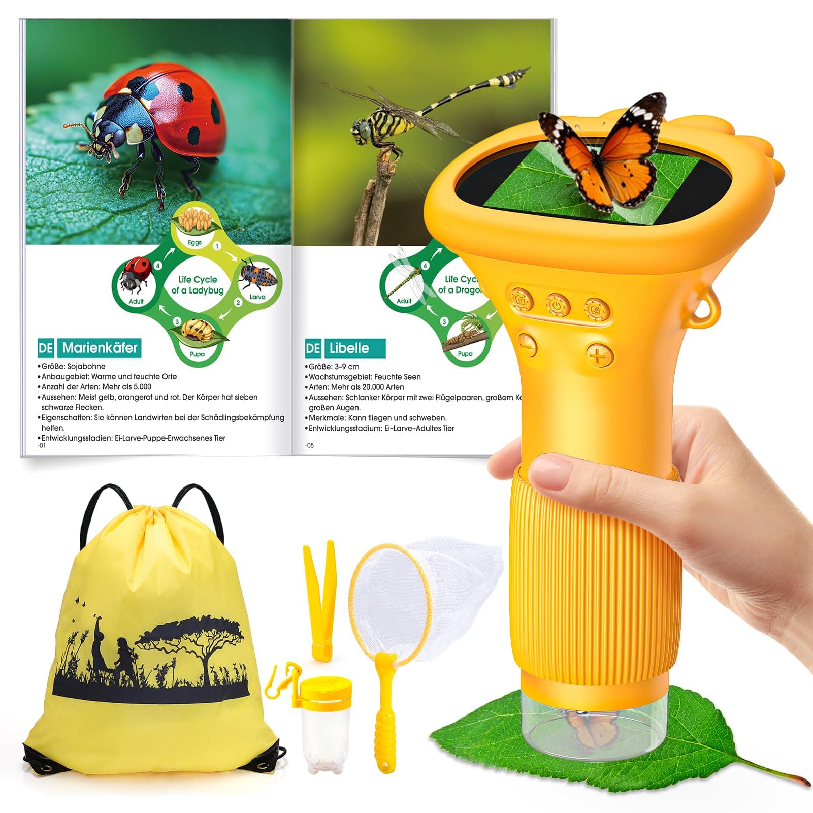 Handheld Kinder Mikroskop Outdoor Entdeckungs Set - Kinder Spielzeug ab 3-12 Jahre Jungen - 2" HD Display, 1000x Vergrößerung - mit Lernhandbuch & Zubehör - Geschenk für Jungen Angebot bei HelloDeals