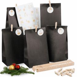 Adventskalender zum Befüllen - Adventskalender 2025 - mit 24 schwarzen Geschenktüten und 24 Zahlenaufklebern und Klammern - zum Basteln und Verschenken - Weihnachten black Angebot bei HelloDeals