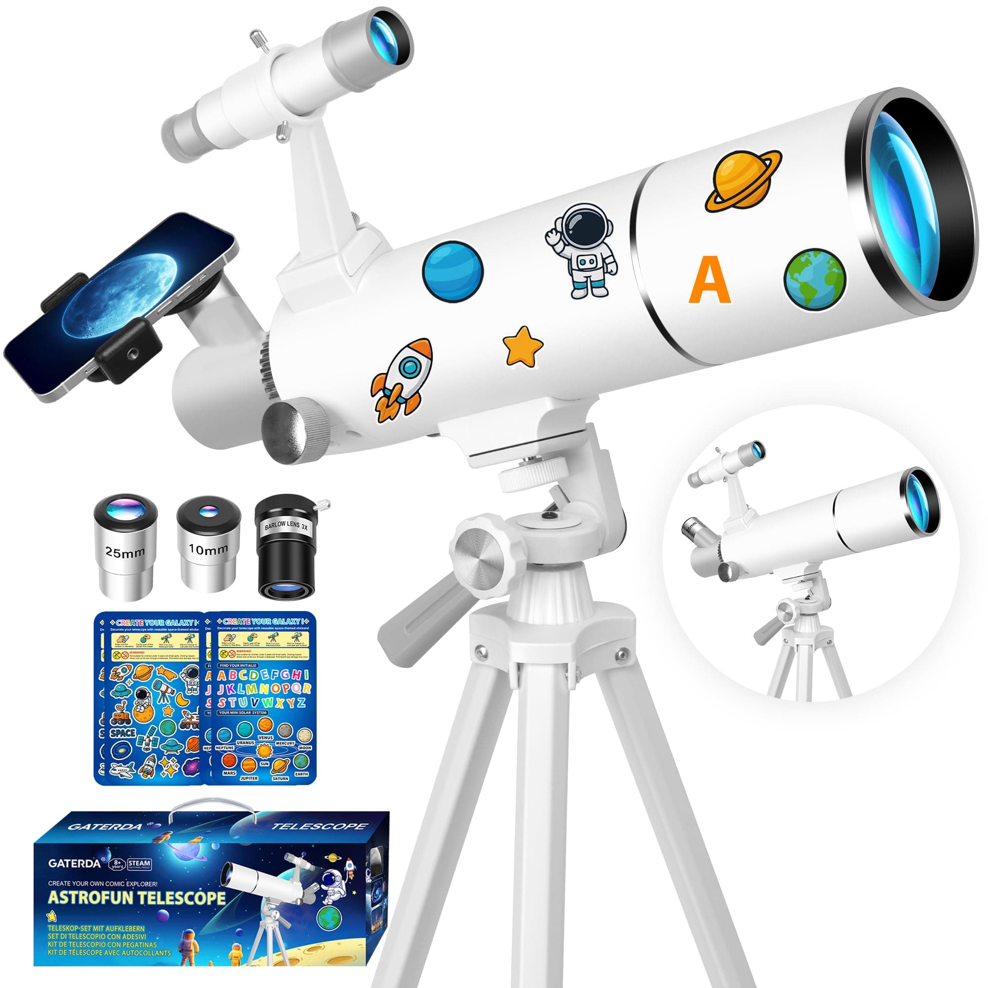 Teleskop, Teleskop für Kinder & Erwachsene Anfänger, 80mm Öffnung 500mm Astronomisches Refraktor Teleskope mit Telefon Adapter, Dekorative Aufkleber zum Thema Weltraum und Stativ Teleskop 80500 Weiß Angebot bei HelloDeals
