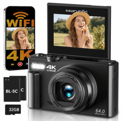Digitalkamera 4K 64MP Kamera Fotokamera mit WLAN, 3" 180° Klappdisplay Autofokus Fotoapparat Digitalkamera, 18X Digitalzoom Kompaktkamera mit Selfie für einsteiger, mit 32GB Karte, 2 Batterien black Angebot bei HelloDeals