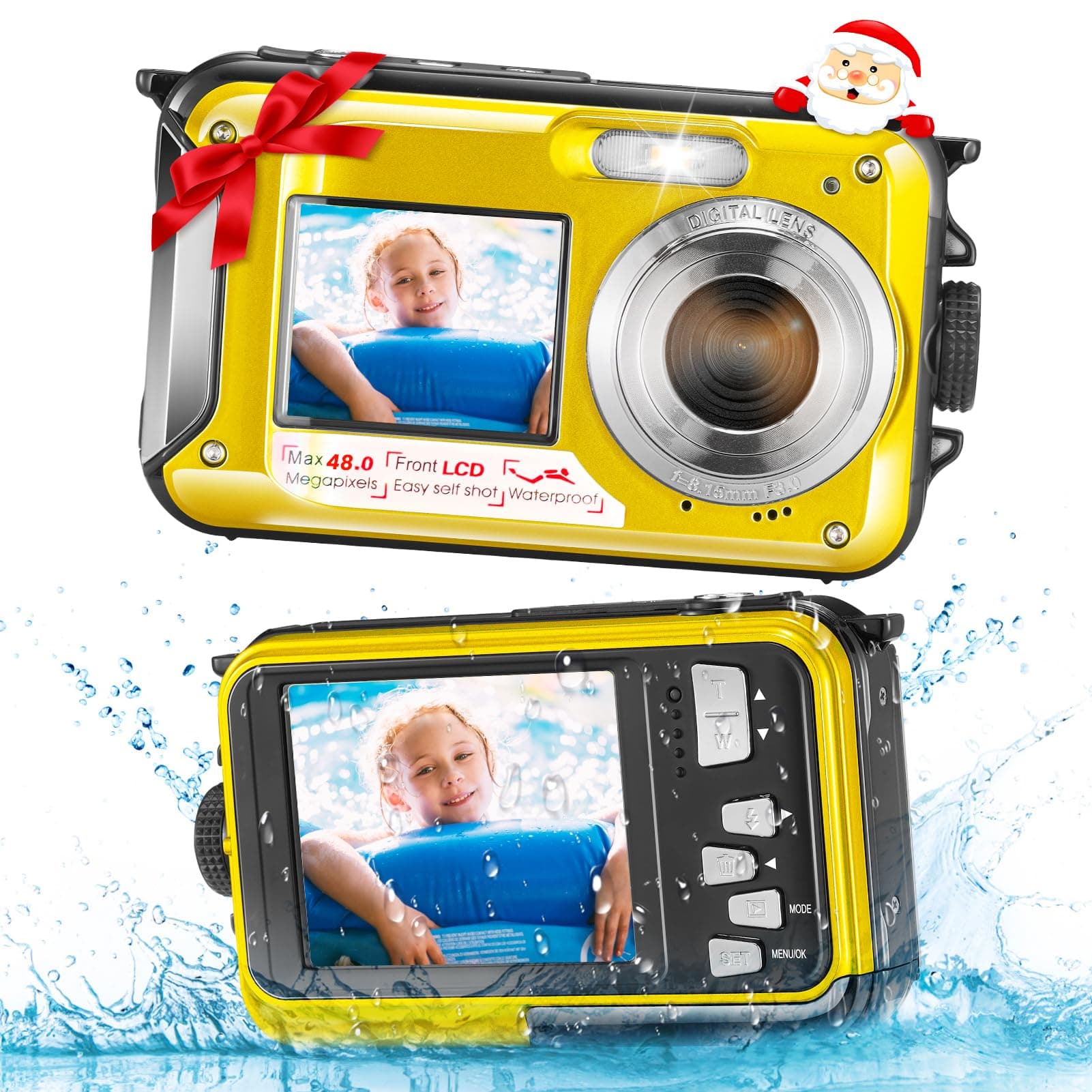 wasserdichte Digitalkamera, 2.7K HD 48MP Unterwasserkamera mit Dualem Display 3M Tauchkamera für Schwimmen, Anti-Shake 16X Digitaler Zoom, Gelb yellow Angebot bei HelloDeals