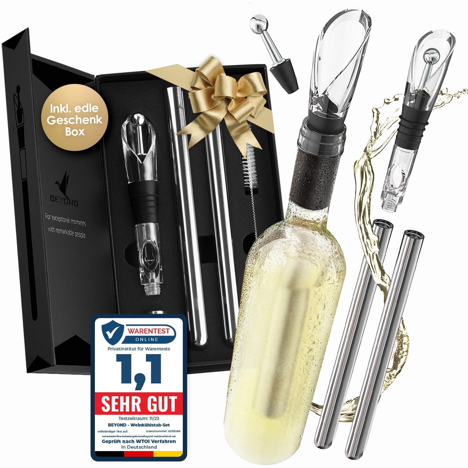 Beyond Weinkühlstab 6-teiliges Geschenk Set aus Edelstahl mit Ausgießer - Ideales Weinzubehör für Weinliebhaber I Weinkühler Set für Weißwein & Rotwein - Stab mit Dekanter - Zubehör für Weintrinker Geschenkset Angebot bei HelloDeals