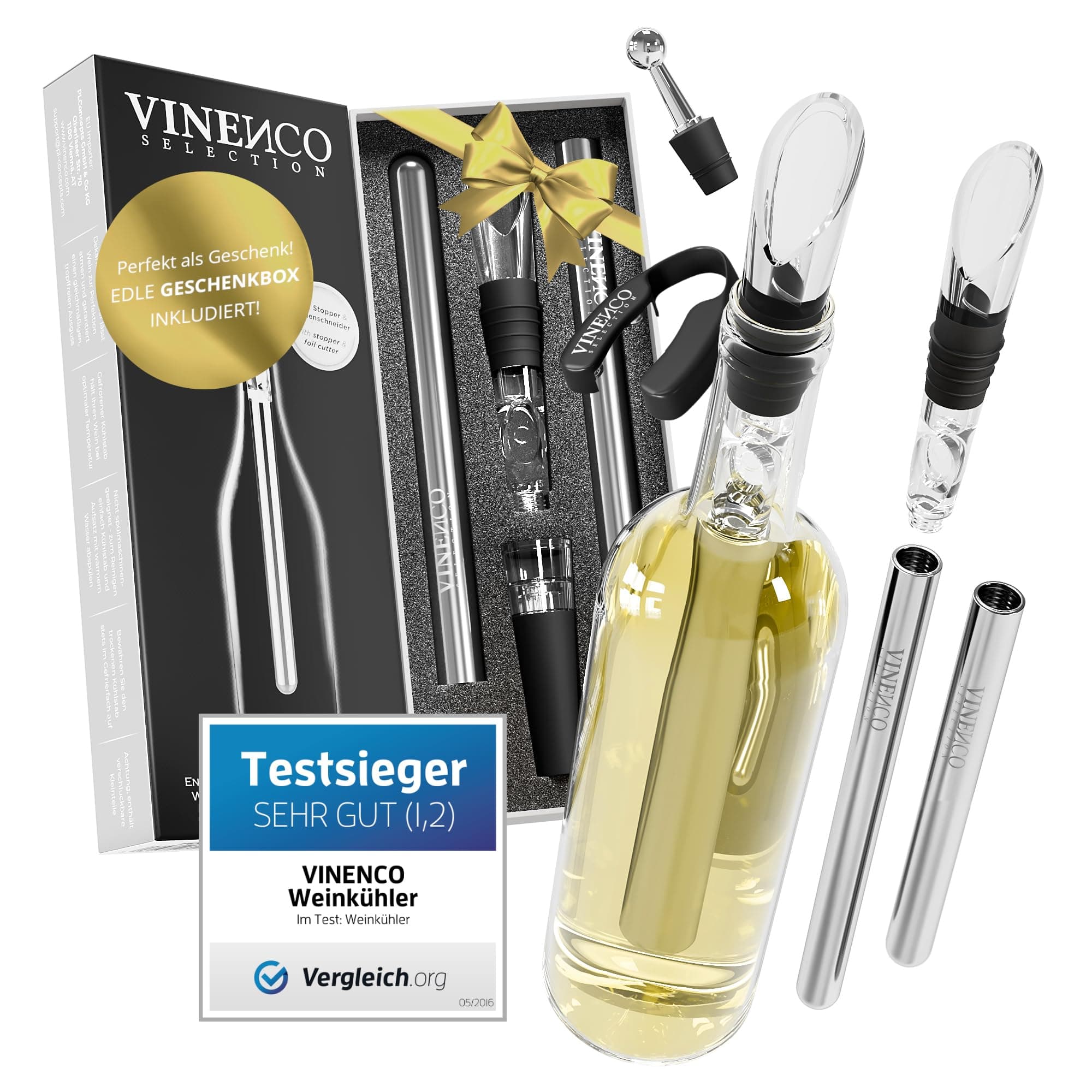 VINENCO Weinkühler Set DAS ORIGINAL, Flaschenkühler + Dekanter 7-in-1 Premium Wein Zubehör: Edelstahl Flaschen-Weinkühlstab + Dekantier-Belüfter + Ausgießer | Bar Geschenk Frauen Männer, Rot- Weißwein Set mit 2 Kühlstäben Angebot bei HelloDeals