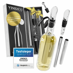 VINENCO Weinkühler Set DAS ORIGINAL, Flaschenkühler + Dekanter 7-in-1 Premium Wein Zubehör: Edelstahl Flaschen-Weinkühlstab + Dekantier-Belüfter + Ausgießer | Bar Geschenk Frauen Männer, Rot- Weißwein Set mit 2 Kühlstäben Angebot bei HelloDeals