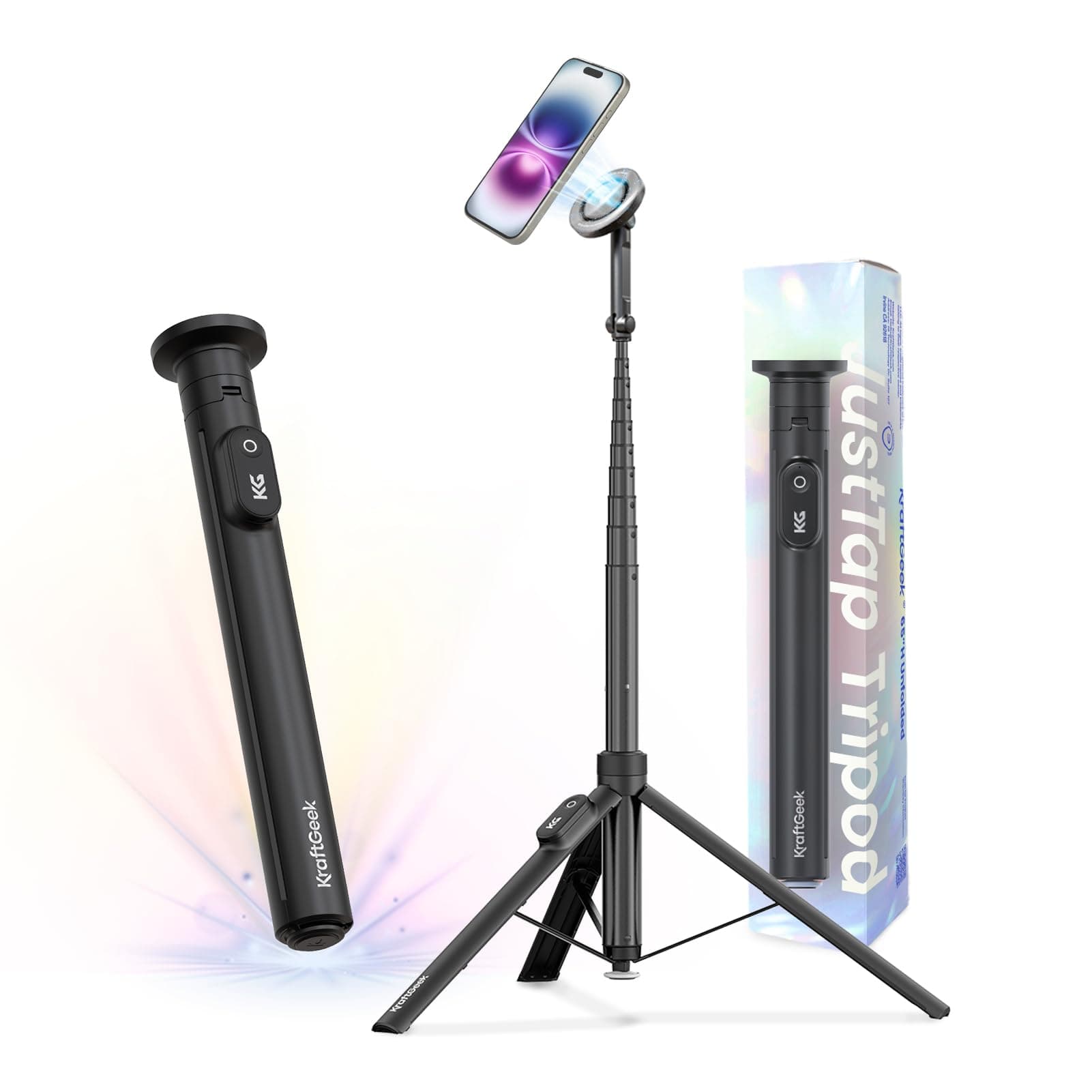 KraftGeek 168cm Handy Stativ Kompatibel mit MagSafe, Automatischer Selfie Stick mit Abnehmbarer Fernbedienung, Ausziehbares Tripod Stativ für Smartphone Kompatibel mit iPhone/Samsung/Android, Schwarz Angebot bei HelloDeals