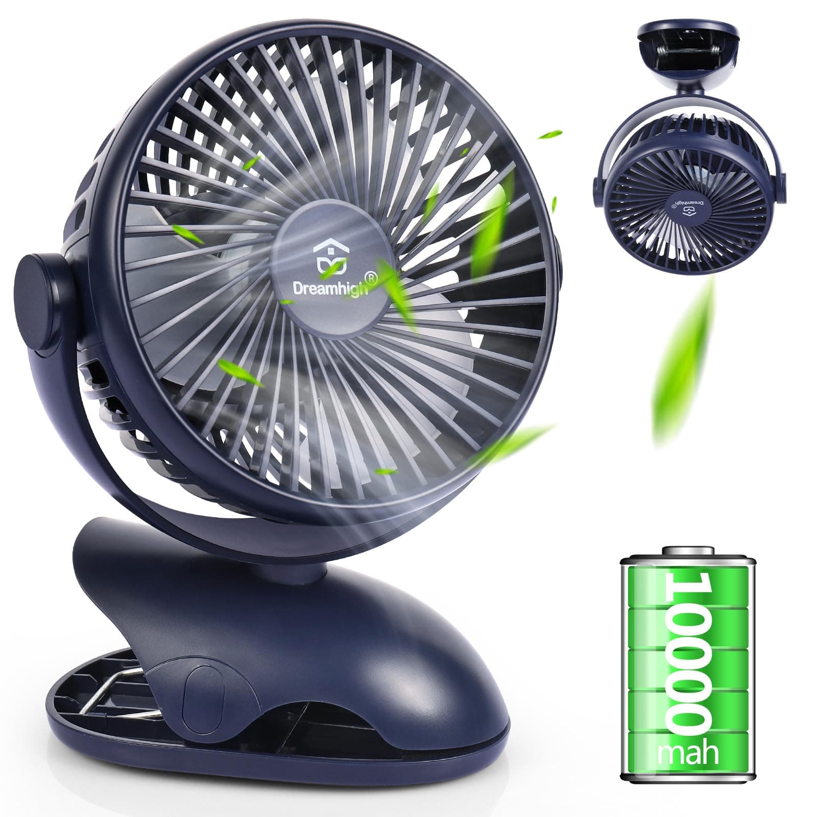 Dreamhigh® USB Ventilator 10000mAh, Maximale Akkulaufzeit 35 Stunden, 360° Drehung Mini Ventilator Akku, 4 -Gang Tischventilator Klein, Clip Fan für Desktop, Kinderwagen, Büro, Wohnmobil，Camping Blau Angebot bei HelloDeals