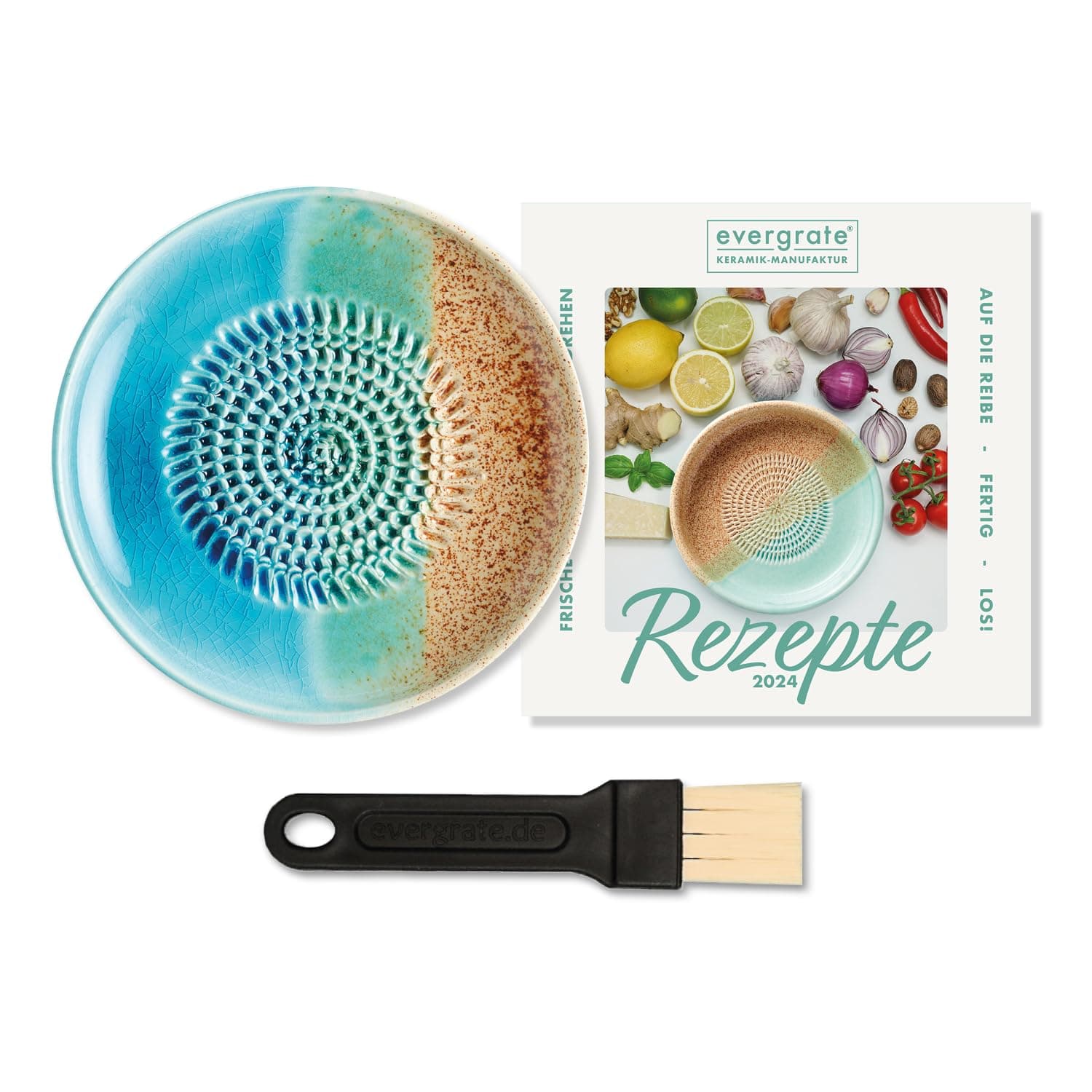 evergrate Keramikreibe im Motiv Ocean mit Küchenpinsel und Rezeptheft Angebot bei HelloDeals