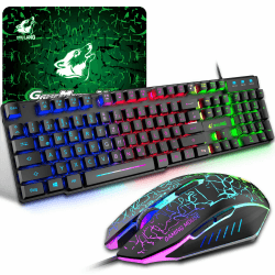 Gaming Tastatur Und Maus Set, QWERTZ German Layout Regenbogen LED Hintergrundbeleuchtung Ergonomische Keyboard 6 Tasten 2400 DPI Maus und Mauspad, USB Verkabelt, Kompatibel mit PS4 Xbox, Schwarz Tastatur Und Maus Schwarz 3 in 1 Angebot bei HelloDeals