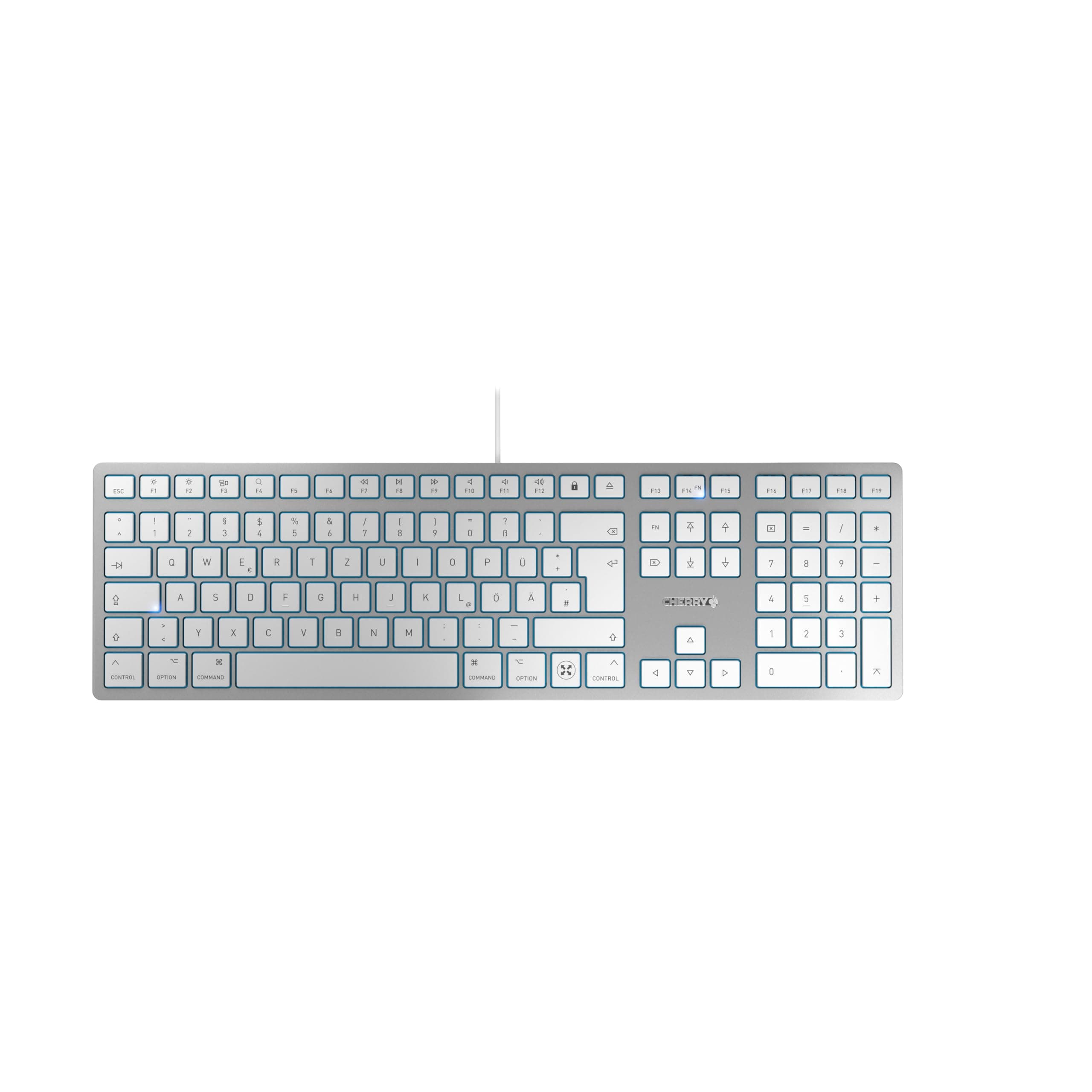 CHERRY KC 6000C FOR MAC, Kabelgebundene Mac-Tastatur (USB-C Anschluss), Deutsches Layout (QWERTZ), Flüsterleise Tasten, Flaches Design, Weiß-Silber Deutsches Layout - QWERTZ USB-C Anschluss Angebot bei HelloDeals
