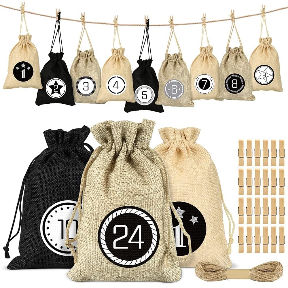 Adventskalender zum Befüllen Säckchen, 24 Weihnachtskalender Stoffbeutel, Adventskalender Säckchen Wiederverwendbar, Weihnachtskalender Jutesäckchen, Adventskalender Stoffsäckchen Schwarz Angebot bei HelloDeals