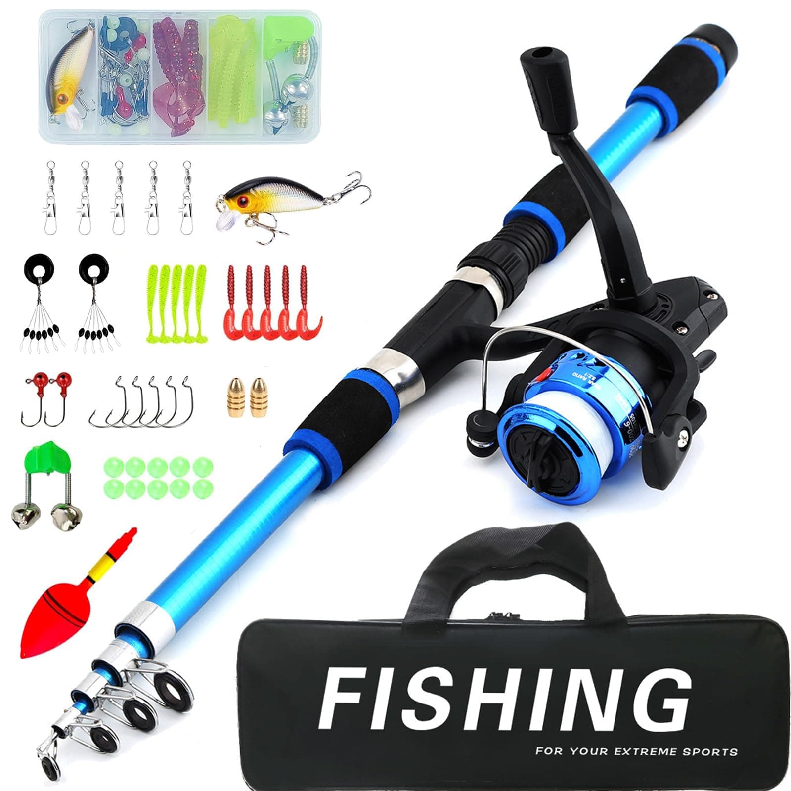 Angelset für Kinder, 1.8m Kinderangel Starter Set, Angelrute Set Kinder mit Angelrolle und Köder Set, Kohlefaser Teleskop Angelruten und Rolle, Angel Zubehör für Kinder von 3-10 Jahren Blau Angebot bei HelloDeals