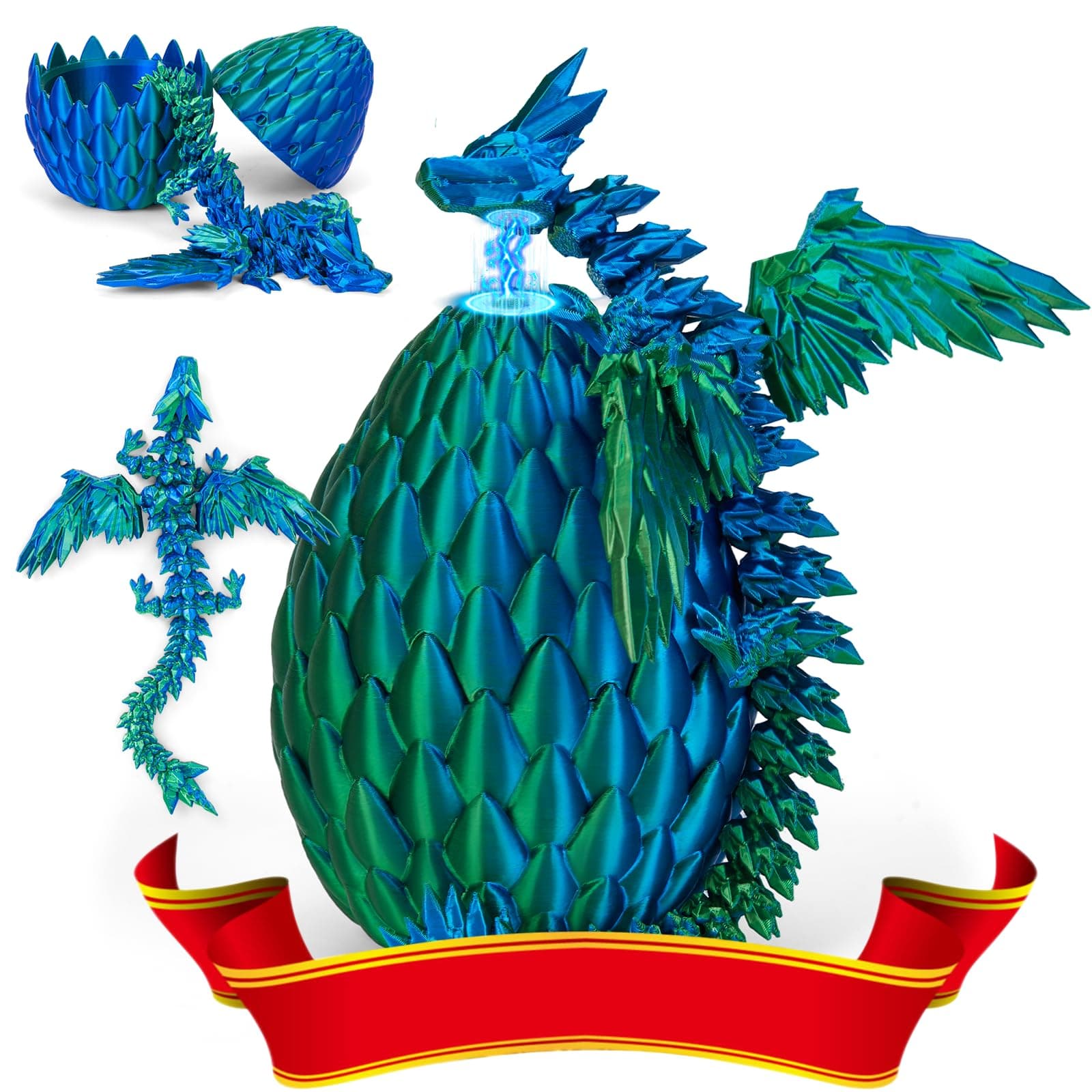 3D Gedrucktes Drachenei mit Drache mit Flügeln, 22CM Fliegender Drachen Spielzeug, Drache im Ei und Ewegliche Gelenke Kristall Drache mit DREI Magnetverschlüssen, Schreibtisch Dekoration (Blaugrün) Angebot bei HelloDeals