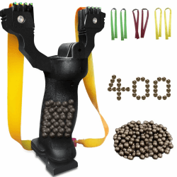 Steinschleuder Set für Outdoor – Ergonomischer Rutschfester Griff mit Magazinfach Super Grip Oberfläche – 400 Tonkugeln 6 Ersatzbändern – Präzise Sport-Schleuder für Training & Freizeit Angebot bei HelloDeals