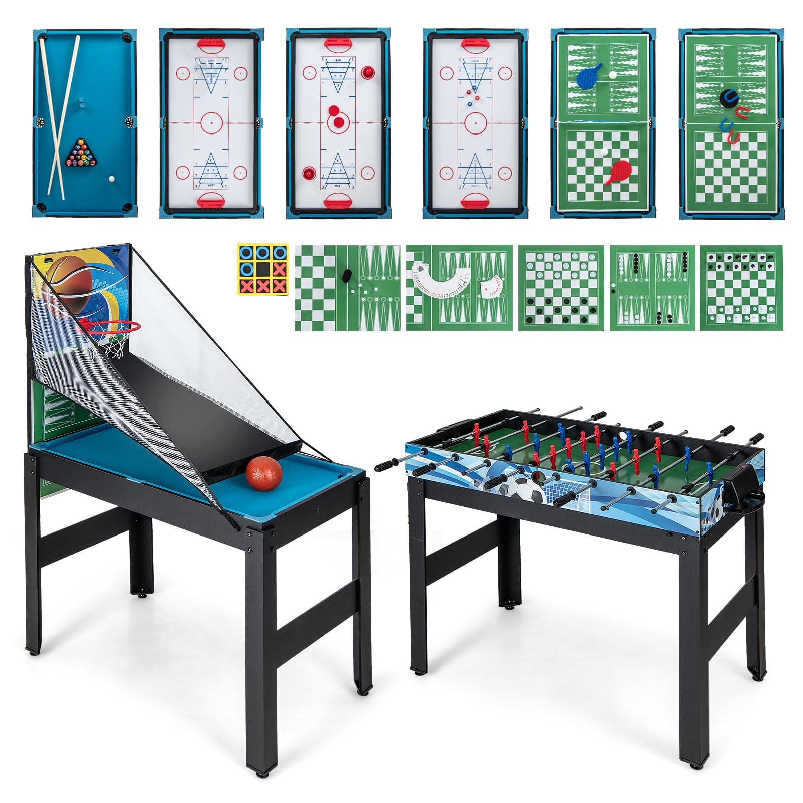 COSTWAY 15 in 1 Spieltisch Set, Tischspiel multifunktional mit Tischfußball Hockey, Billard, Tischtennis, Bowling, Shuffleboard, Schach, Dame & Backgammon, Kombi-Tisch für Kinder Erwachsene Angebot bei HelloDeals