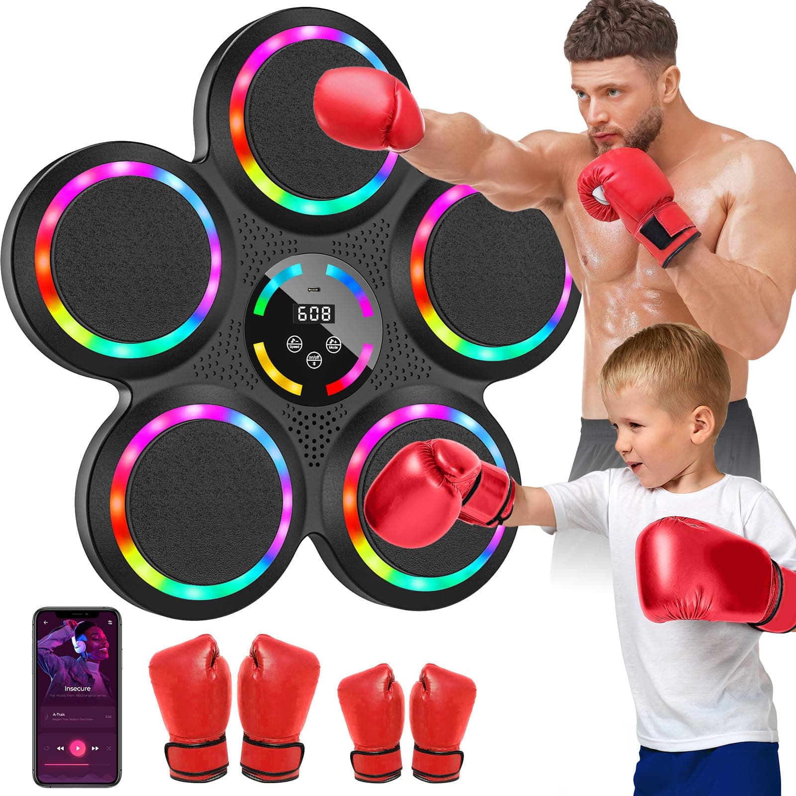 Music Boxing Machine, Elektronische Boxmaschine mit Musik, 2 Paar Boxhandschuhen, Farblichter, Bluetooth, 9 Geschwindigkeits und Trainingsmodi, Zählmodus, Musik Box Maschine für Erwachsene und Kinder Angebot bei HelloDeals