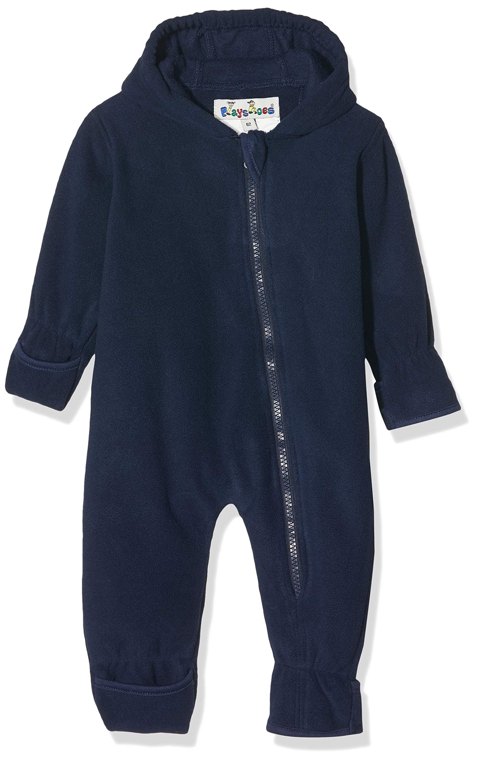 Playshoes Baby Fleece-Overall, atmungsaktiver Unisex-Jumpsuit für Jungen und Mädchen mit langem Reißverschluss und Kapuze, farbig abgesetzt 74 dunkelblau Angebot bei HelloDeals
