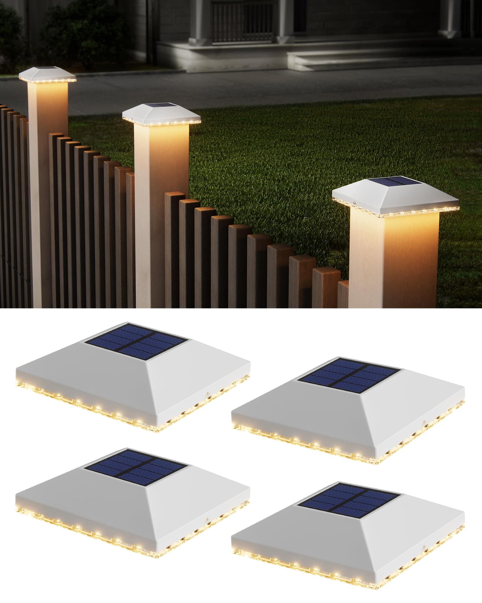 JACKYLED Solar Pfostenkappe 7x7 8x8 9x9 10x10, Solar Pfostenkappen IP65 Wasserdichte für Zaunpfosten für Hölzerne Pfosten Plattform, Garten, Weiß,4 Stück Angebot bei HelloDeals