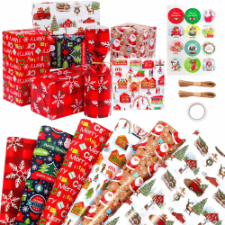 Niviy Geschenkpapier Weihnachte,6 Blatt Bunt Weihnachtspapier Set mit Aufklebern Klebeband Seil,Schneeflocke Weihnachtsmann Muster Geschenkpapier für Kinder Geburtstag Dekorationen 70x50CM Weihnachten A Angebot bei HelloDeals