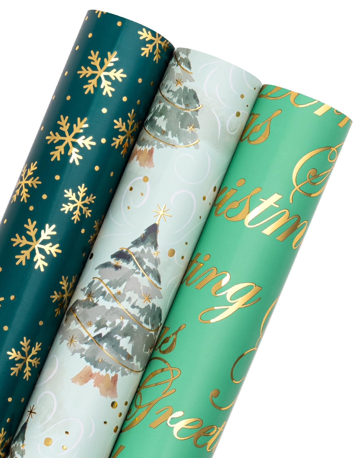 RUSPEPA Weihnachts-Geschenkpapierrolle –3 Rollen–43,2 x 305 cm pro Rolle–Schriftzug „Grüner Weihnachtsbaum“, „Schneeflocke“ und „Festliche Wünsche“, Weihnachtskollektion mit metallischem Angebot bei HelloDeals