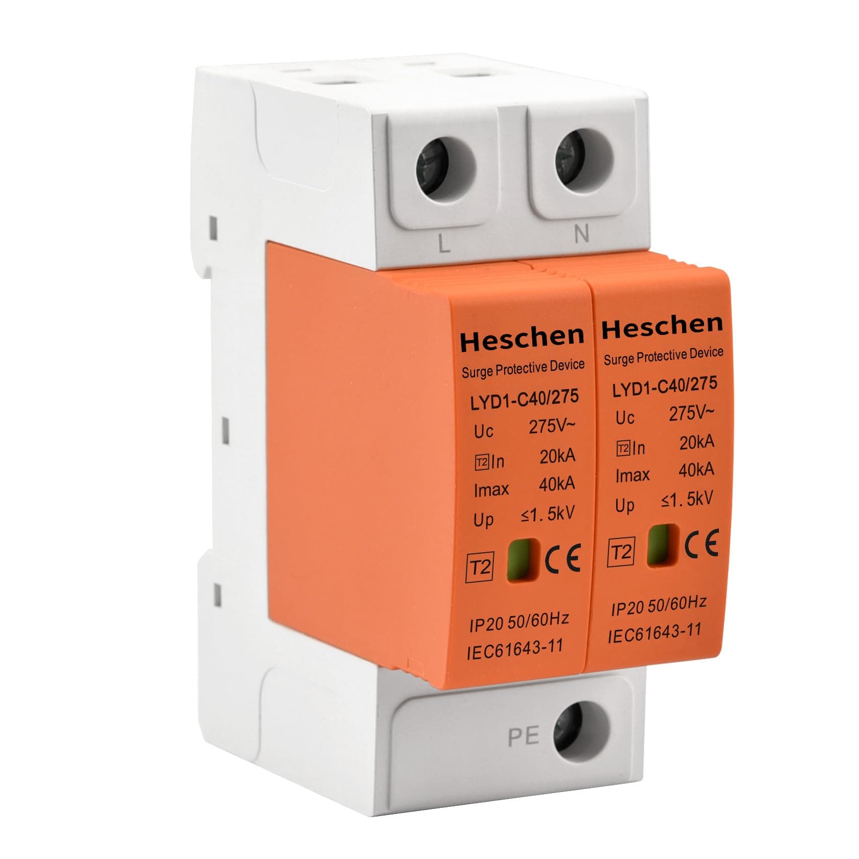Heschen Überspannungsschutzgerät, LYD1-C40/275, 2P 275V 20KA Feuerfester Niederspannungsableiter, 35mm DIN-Schienenmontage Angebot bei HelloDeals