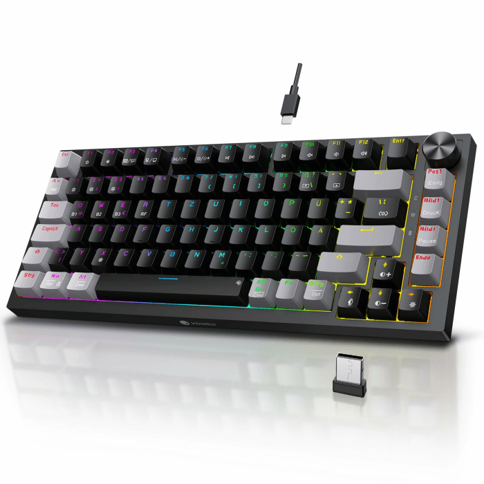 KOORUI Mechanisch Tastatur, Gaming Tastatur Kabellos/Kabelgebunden/Bluetooth 26 RGB Wiederaufladbare 4000mAh Batterie 82 Tasten Deutsches Layout QWERTZ für Windows MacOS Linux-Rotem Schalter Angebot bei HelloDeals