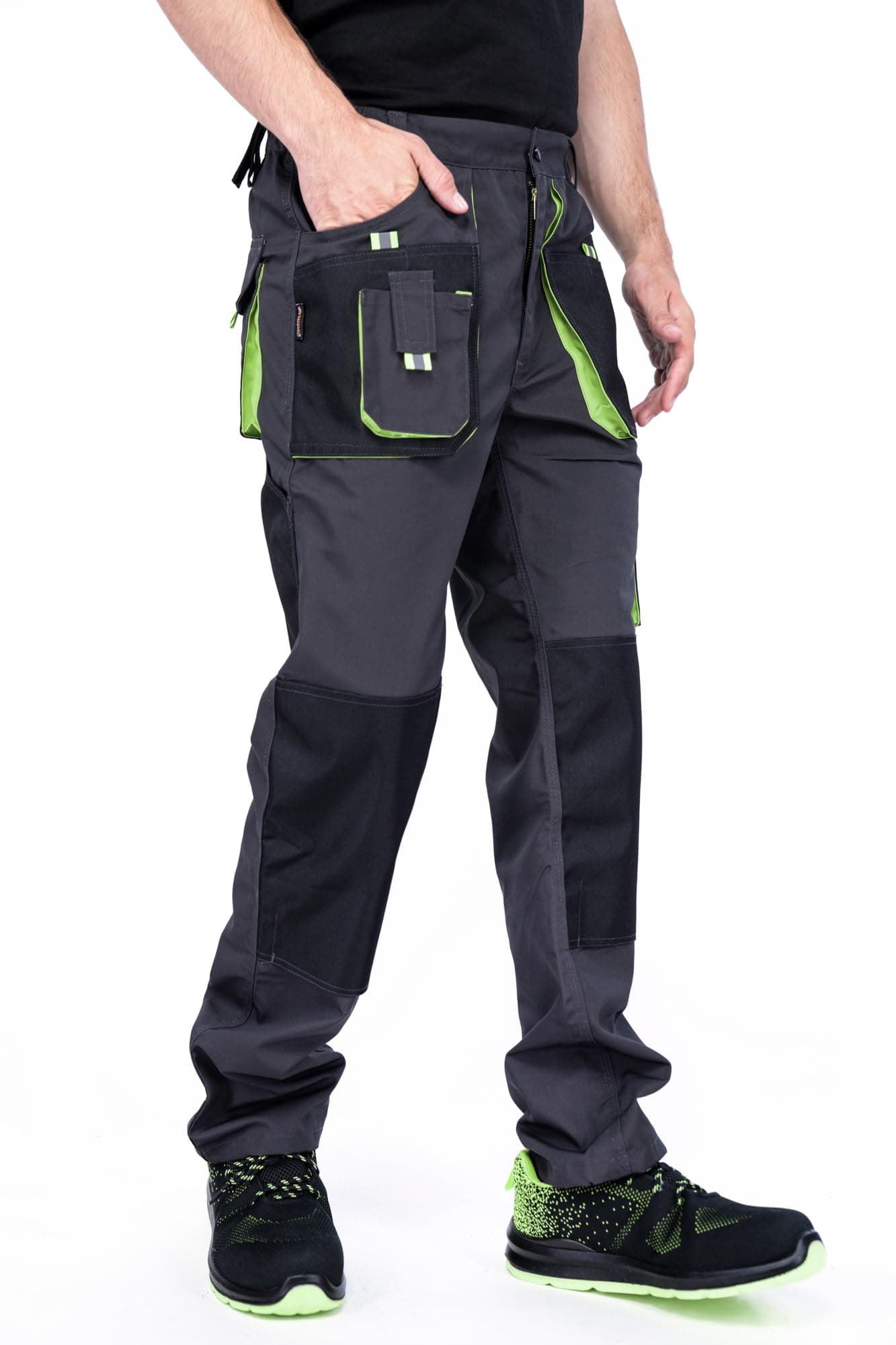 Arbeitshose für Herren, mit Kniepolstertaschen, Arbeitshose, mehrere Taschen, große Größe S – XXXL, Herrenbekleidung M Schwarz/Grün Angebot bei HelloDeals