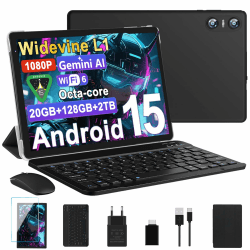 Tablet 10 Zoll Android 15, 20 GB RAM + 128 GB ROM (TF 2 TB), Octa-Core, Widevine L1, GMS, 5G+2.4G WLAN 6, 5 + 8 MP, 6000 mAh, Bluetooth 5.0, Tablet mit Tastatur und Maus – Schwarz Black-22 Angebot bei HelloDeals