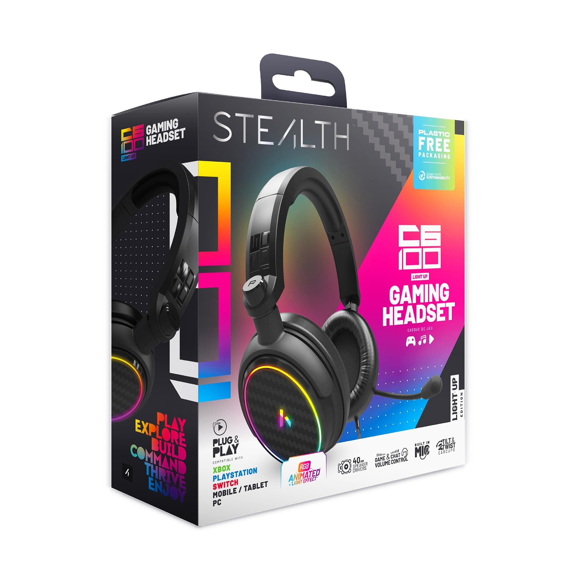 Stealth C6-100 LED Over Ear Gaming Headset PS4/PS5, Xbox, Nintendo Switch, PC mit flexiblem Mikrofon, 3,5 mm Klinke, 1,5 m Kabel, leicht, bequem und langlebig LED Headset Angebot bei HelloDeals