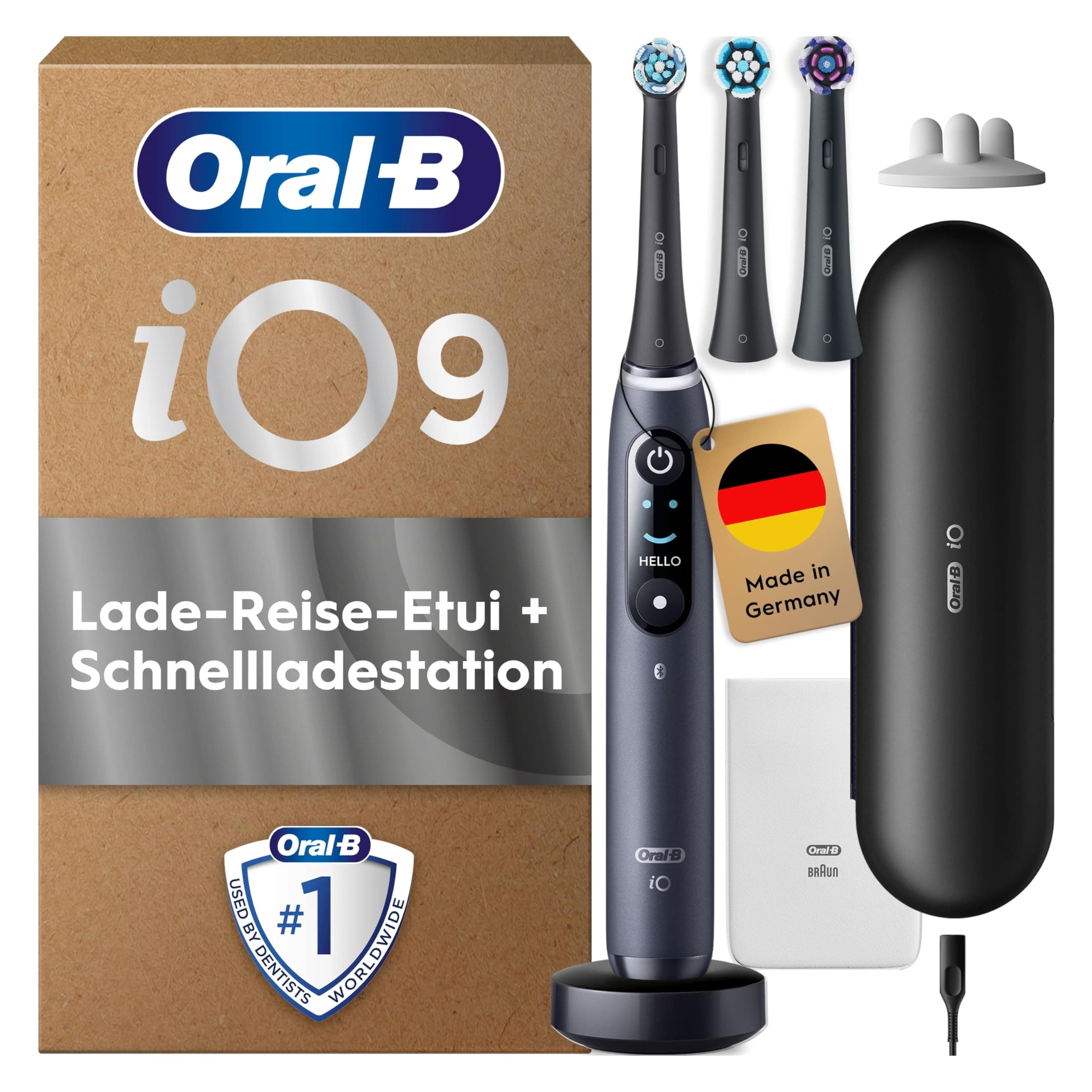 Oral-B iO Series 9 Elektrische Zahnbürste — Electric Toothbrush, Inkl. 3 Aufsteckbürsten, Lade-Reise-Etui, Schnellladestation — 7 Modi für Zahnpflege, Zahnbürste Elektrisch, Designed by Braun, Schwarz Black Onyx + Etui schwarz + Tasche weiß 1 Bürste + 3 K Angebot bei HelloDeals