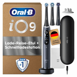 Oral-B iO Series 9 Elektrische Zahnbürste — Electric Toothbrush, Inkl. 3 Aufsteckbürsten, Lade-Reise-Etui, Schnellladestation — 7 Modi für Zahnpflege, Zahnbürste Elektrisch, Designed by Braun, Schwarz Black Onyx + Etui schwarz + Tasche weiß 1 Bürste + 3 K Angebot bei HelloDeals