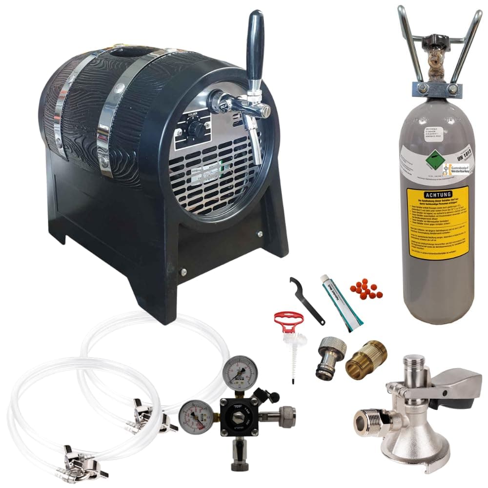Zapfanlage Bierfass 60l/h Komplettset 2kg Co² Uhr Schläuche Keg Hahn Reinigungsset Angebot bei HelloDeals