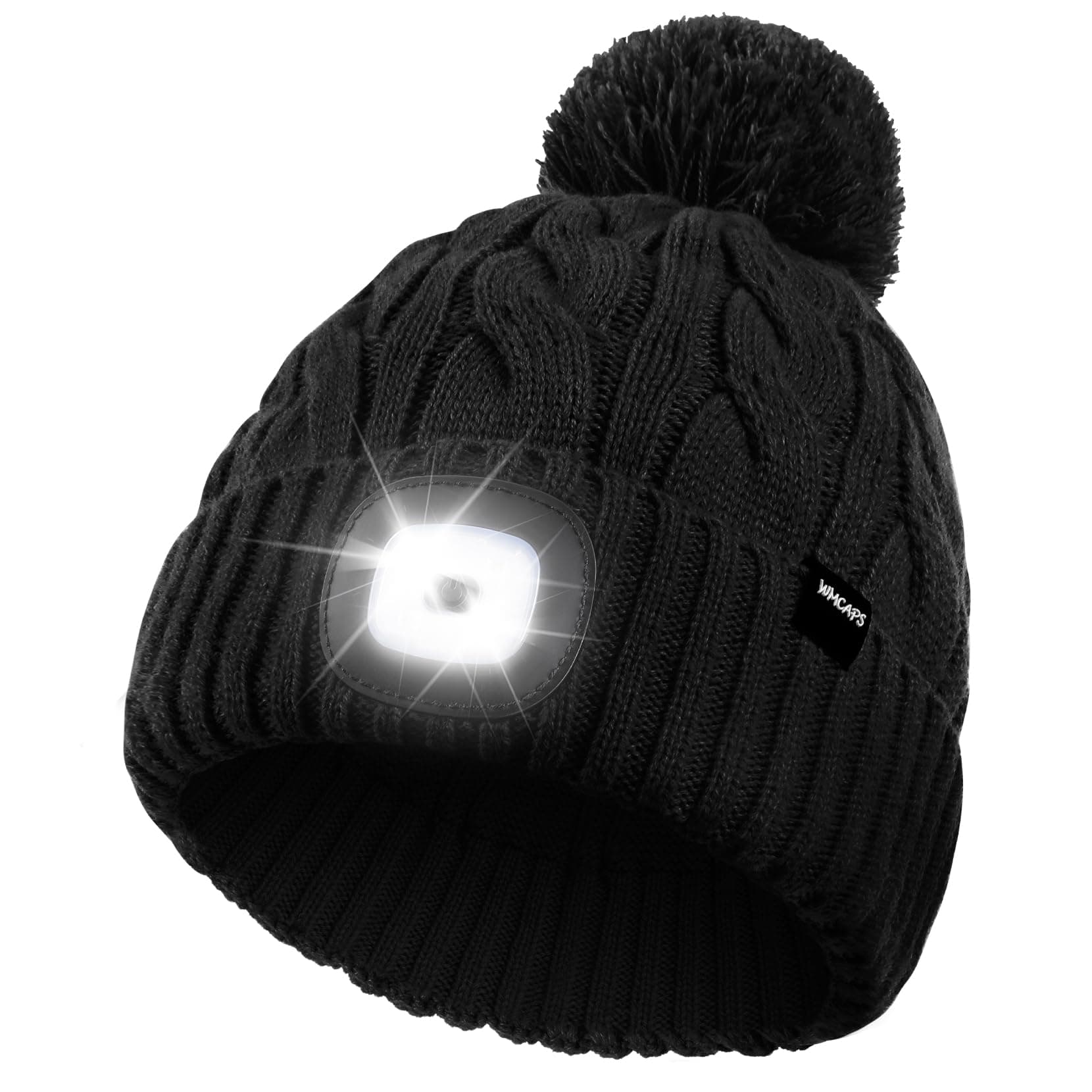 Wmcaps Mütze mit LED Licht Damen, Wiederaufladbare Type-C Strickmütze Bommelmütze mit 4 LED-Lichtern, Pudelmütze Leuchtmütze mit Lampe, Geschenkte Geschenk für Männer und Frauen Schwarz Angebot bei HelloDeals