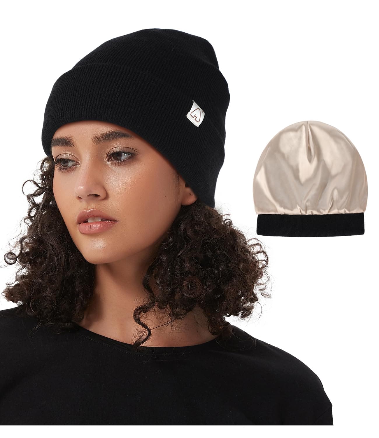 Hat Hut Unisex Slouch Beanie Satin Gefütterte Wintermütze Strickmütze für Haar, Warme Satin Lined Beanie Mütze für Damen Herren Einheitsgröße Schwarz Angebot bei HelloDeals